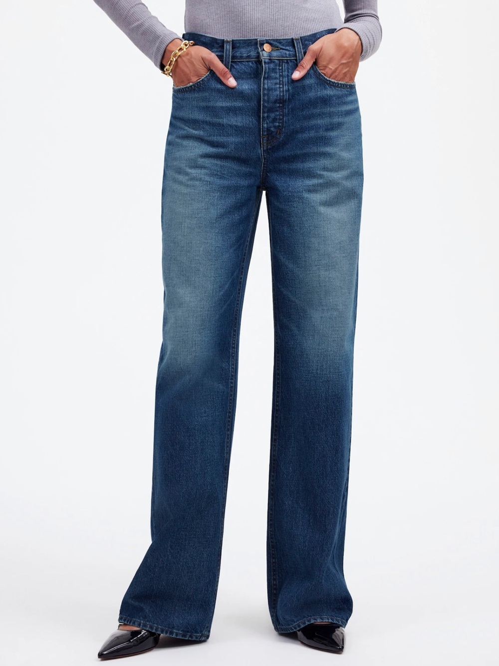 Madewell Low Slung Baggy Wide Leg Jeans Dark Blue Size 25 Moffat Wash Denim Fall